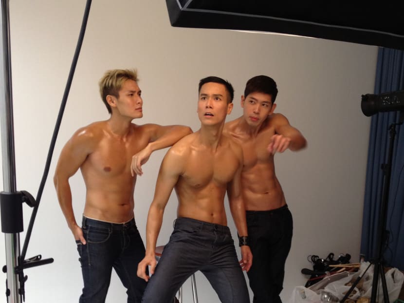 (L-R) Darryl Yong, Andie Chen and Romeo Tan hamming it up at a cover shoot. Photo: May Seah