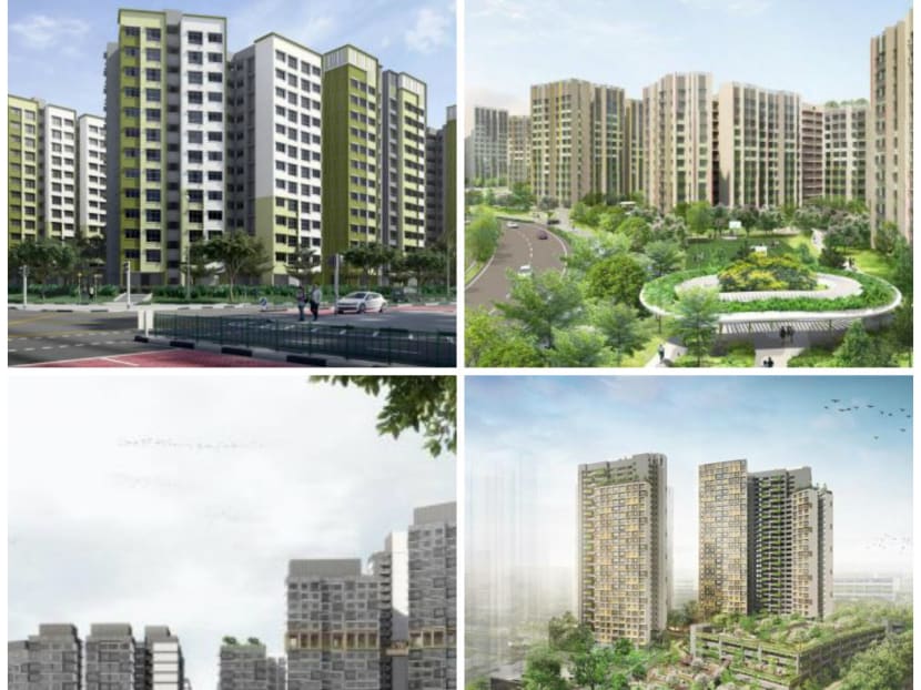 Artist impressions of BTO projects released for sale in HDB's May exercise. Clockwise from left: Casa Spring at Yishun, Tampines GreenVines, Fernvale Dew in Sengkang, and Kim Keat Beacon in Toa Payoh. Photo: HDB