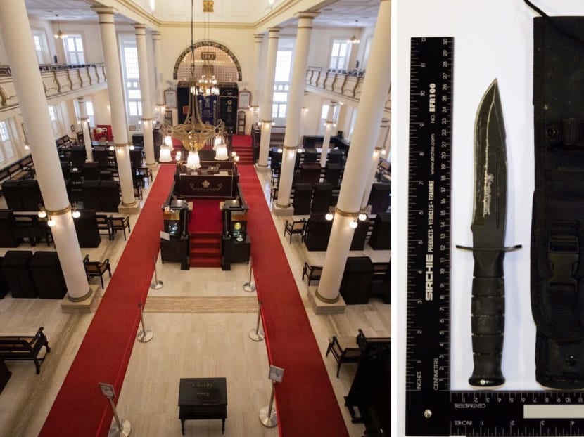 Amirull Ali was detained under the Internal Security Act for plotting to attack Jews with a knife (right) at the Maghain Aboth Synagogue on Waterloo Street (left). Amirull Ali was detained under the Internal Security Act for plotting to attack Jews with a knife (right) at the Maghain Aboth Synagogue on Waterloo Street (left).