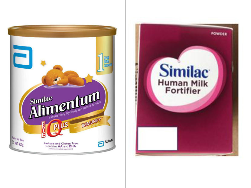 Some batches of Abbott Similac Alimentum powdered infant formula (left) and Similac Human Milk Fortifier (right) have been recalled by the Singapore Food Agency. Some batches of Abbott Similac Alimentum powdered infant formula (left) and Similac Human Milk Fortifier (right) have been recalled by the Singapore Food Agency.