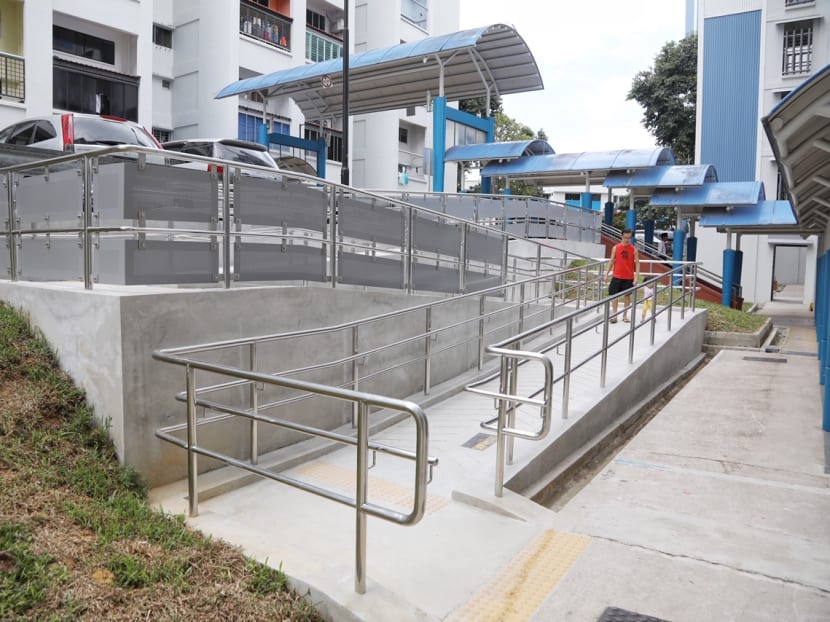 The barrier-free ramp at Block 108 Bedok Reservoir Road was handed over by the People’s Association to the Workers' Party-run Aljunied-Hougang Town Council on Oct 15. The barrier-free ramp at Block 108 Bedok Reservoir Road was handed over by the People’s Association to the Workers' Party-run Aljunied-Hougang Town Council on Oct 15.