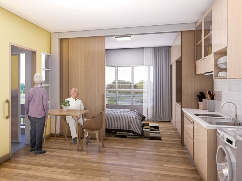 An artist's impression of a community care apartment in Queensway Canopy housing development. Each is expected to have open layouts with sliding partitions that separate the living room and bedroom, and come with a built-in wardrobe, cabinets and a furnished kitchen.