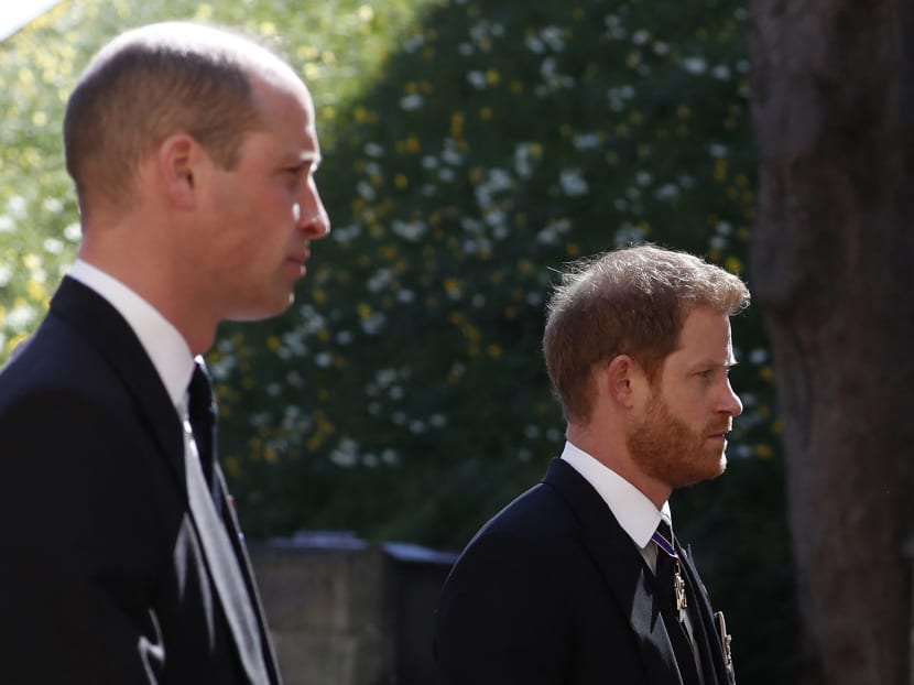 Prince William (left) and Prince Harry follow the coffin during the ceremonial funeral procession of Prince Philip to St George's Chapel in Windsor Castle in Windsor, west of London, UK on April 17, 2021.