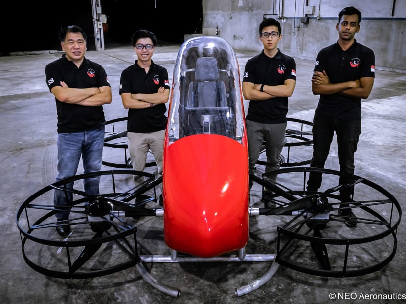 Left to right: Neo Aeronautics founder Neo Kok Beng, project manager Damian Cheng and aeronautical engineer Wayne Ong and aerospace engineer Aravinda Charles, with the Crimson S8. The team hopes to launch the "flying car" in the United States by late 2020.