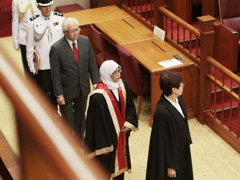 Speaker of Parliament Halimah Yacob with current President Tony Tan at the opening of Parliament last year. Mdm Halimah became the first female Speaker in January 2013. TODAY file photo