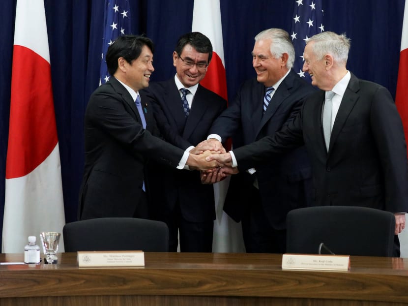 Japan Defence Minister Itsunori Onodera (left) and Foreign Minister Taro Kono with US Secretary of State Rex Tillerson and Defence Secretary James Mattis before talks in Washington last week. Photo: Reuters