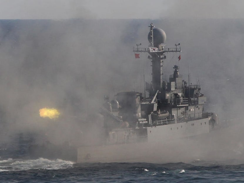 A South Korean navy patrol boat fires during an exercise off South Korea's southeastern coast near Busan last year. South Korea's navy kicked off a navy drill exercise on Thursday (June 16) near the disputed border with North Korea. AP file photo.