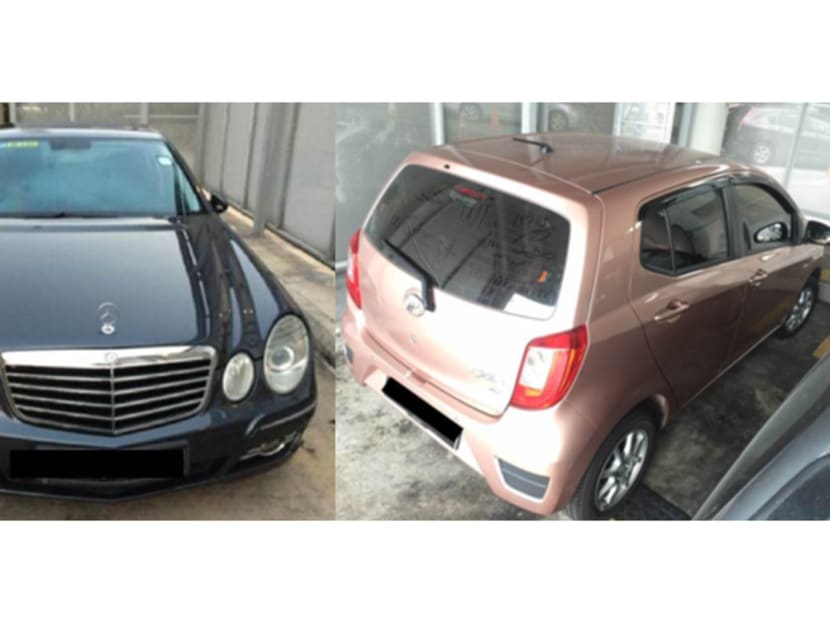 The dark grey Mercedes Kompressor and the pink Perodua Axia that were stopped at Woodlands Checkpoint. Photo: Immigration & Checkpoints Authority