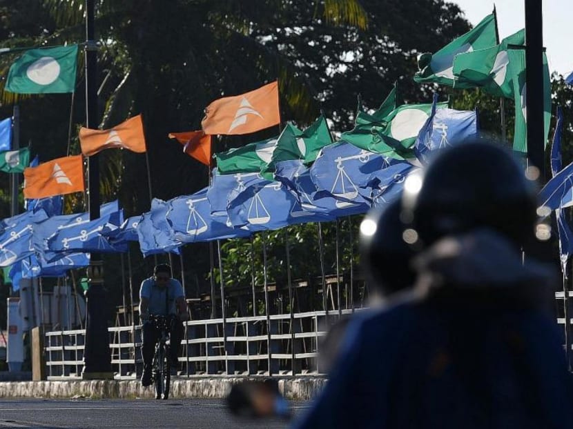A cyclist passes election flags in Kota Bharu, Kelantan, Malaysia on April 12, 2018.
