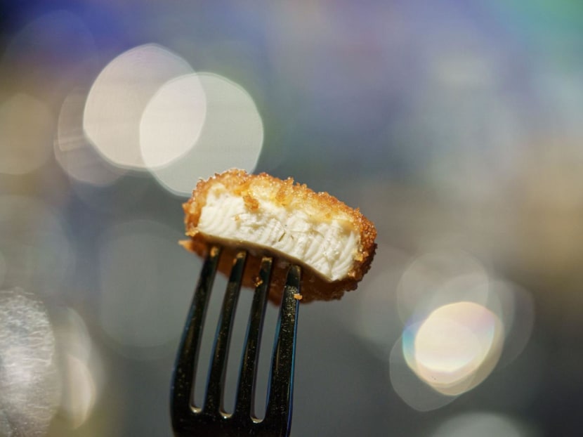 A nugget made from lab-grown chicken meat shown at a media presentation in December 2020 in Singapore, the first country to allow the sale of such cell-cultured meat.