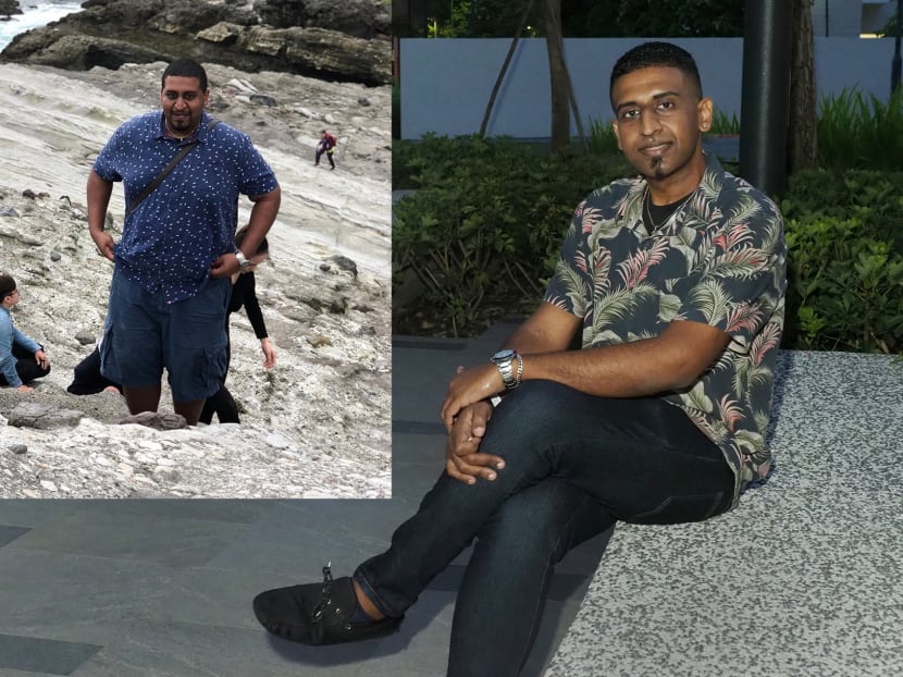 Mr Matthew Samy, who was obese (picture insert) and weighed 147kg at his heaviest, opted for surgery to help him lose weight. He is now 84kg (right).
