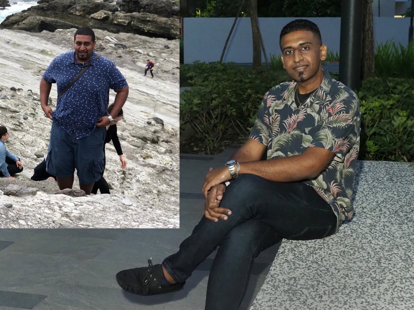 Mr Matthew Samy, who was obese (picture insert) and weighed 147kg at his heaviest, opted for surgery to help him lose weight. He is now 84kg (right). Mr Matthew Samy, who was obese (picture insert) and weighed 147kg at his heaviest, opted for surgery to help him lose weight. He is now 84kg (right).