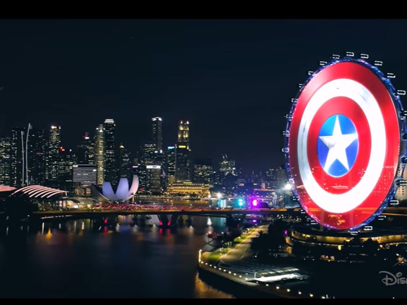 Singapore was one of eight locations participating in the projection-mapping campaign for 'Falcon and the Winter Soldier' on Friday. Singapore was one of eight locations participating in the projection-mapping campaign for 'Falcon and the Winter Soldier' on Friday.