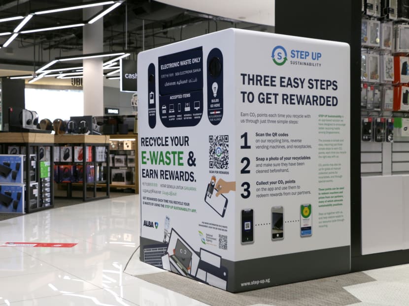 A 3-in-1 bin for recycling ICT equipment, batteries and light bulbs placed at Harvey Norman Millenia Walk.