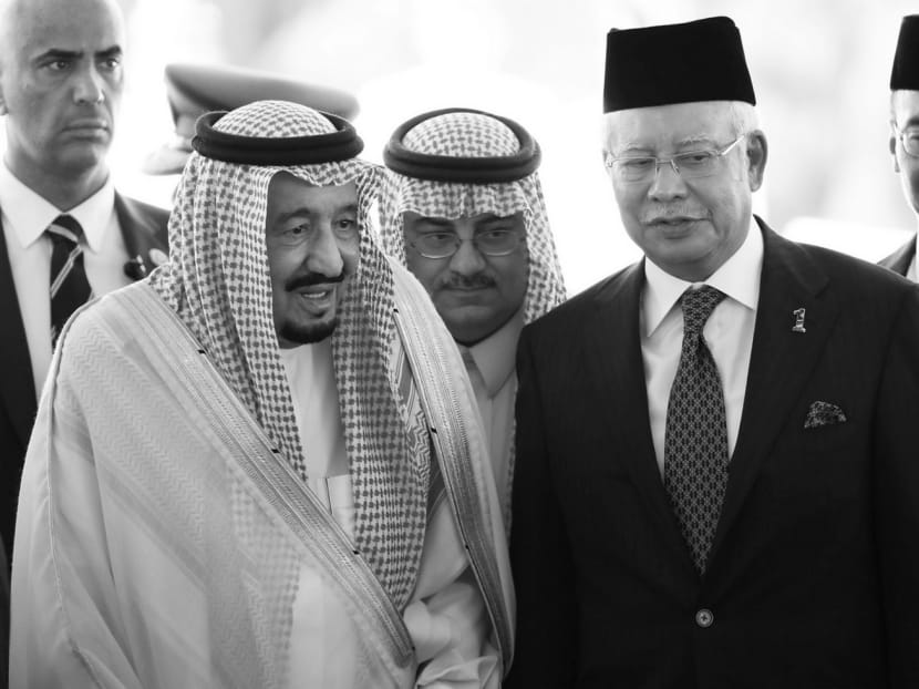 Saudi King Salman (left) next to Malaysian Prime Minister Najib Razak during a welcoming ceremony at Parliament house in Kuala Lumpur, Malaysia, on Feb 26. Photo: AP