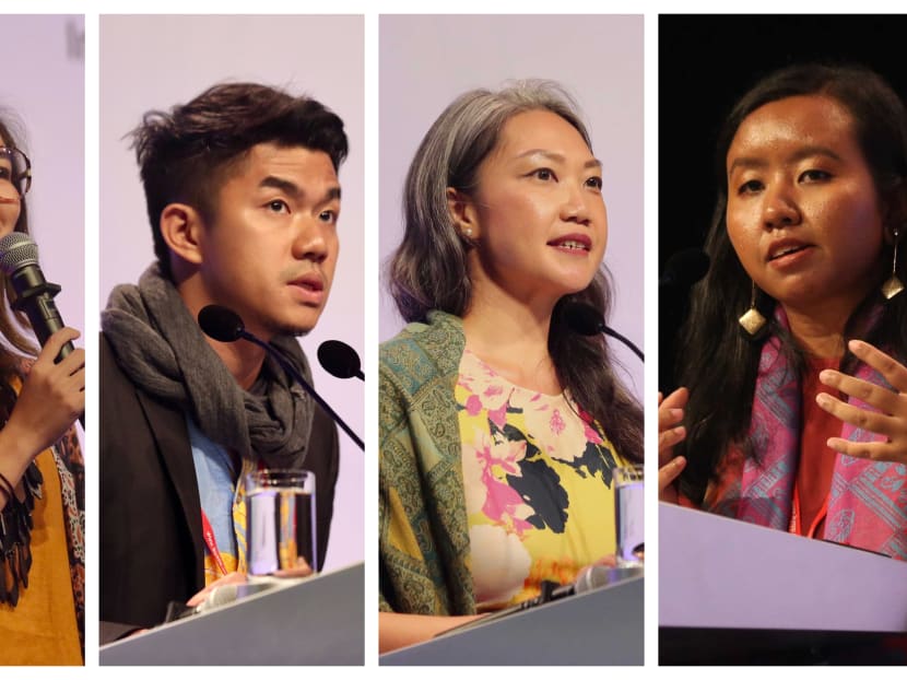 From left: Dr Crystal Abidin, senior research fellow of Australia’s Curtin University; Mr Cai Yinzhou, director of Citizen Adventures; Ms Carrie Tan, executive director of Daughters of Tomorrow; and Ms Nor Lastrina Hamid, co-founder of Singapore Youth for Climate Action, were speakers at the Singapore Perspectives 2020: Politics conference on Jan 20, 2020. From left: Dr Crystal Abidin, senior research fellow of Australia’s Curtin University; Mr Cai Yinzhou, director of Citizen Adventures; Ms Carrie Tan, executive director of Daughters of Tomorrow; and Ms Nor Lastrina Hamid, co-founder of Singapore Youth for Climate Action, were speakers at the Singapore Perspectives 2020: Politics conference on Jan 20, 2020.