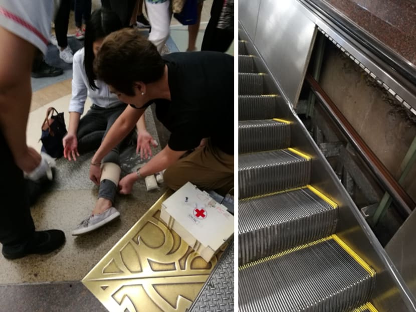 Mr Kevin Ong said that one female commuter who claimed she was a trained nurse had called for a first-aid kit and helped to bandage his wife’s leg. (Right) The gaping hole at the escalator at City Hall MRT Station after one of its metal panels flipped open.