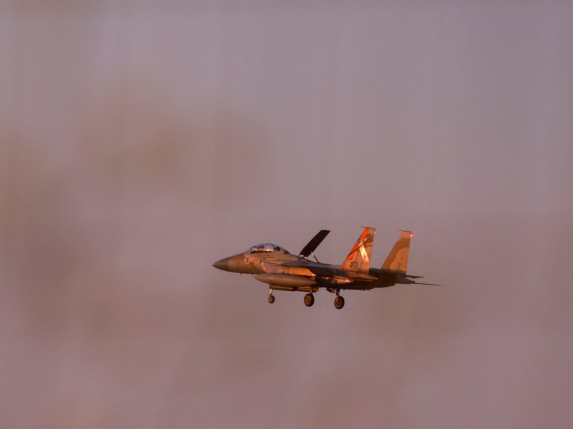 An Israeli army f-15 fighter jet flies over central Israel on April 15, 2024.