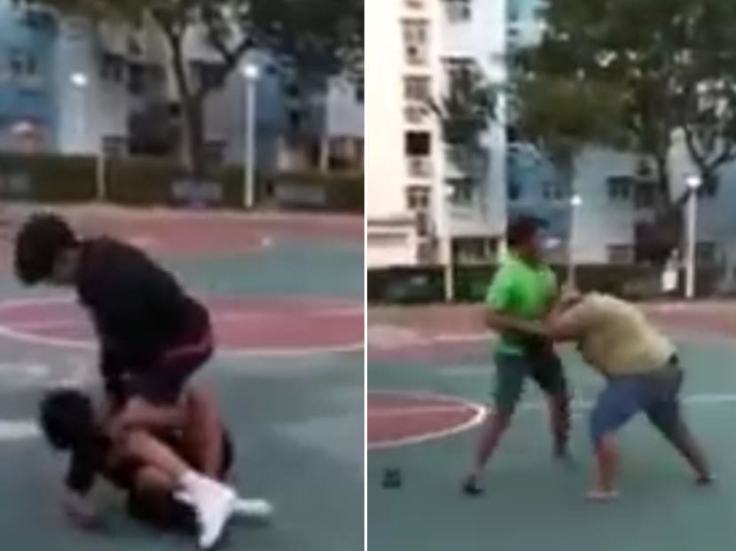 Screenshots from a video showing nine teenagers fighting at a basketball court.