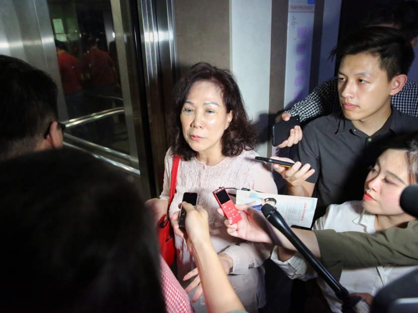 Mrs Lina Chiam speaking to reporters after the Singapore People's Party conference on Oct 16.