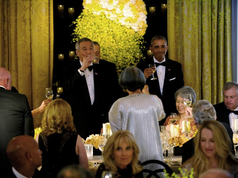 US President Barack Obama and first lady Michelle Obama host a state dinner for Singapore Prime Minister Lee Hsien Loong and his wife Mrs. Lee Hsien Loong to the White House in Washington, Aug 2, 2016. Photo: Reuters