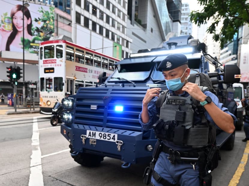A police armoured vehicle is seen parked in the Causeway Bay shopping district of Hong Kong on June 4, 2023, close to the venue where Hong Kong people traditionally gather annually to mourn the victims of China's Tiananmen Square crackdown in 1989 which the authorities have banned and vowed to stamp out any protests on the anniversary on June 4.