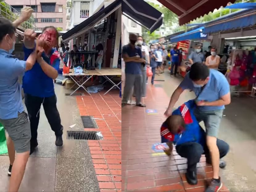 A fight between two men in Serangoon Central on Dec 5, 2021, seen in a video posted on Facebook.