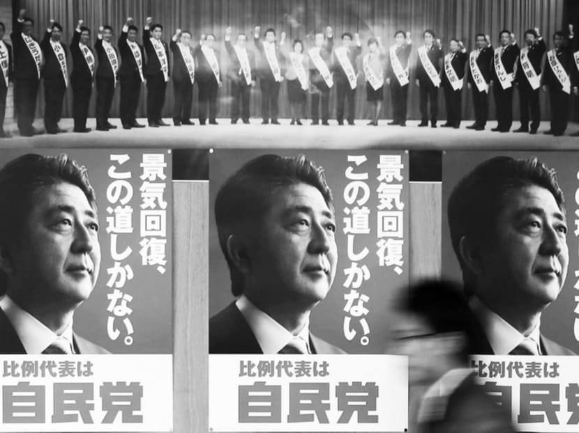 Election campaign posters of Mr Shinzo Abe. It is now up to the Japanese people to give the Premier a mandate, effectively choosing to end two decades of economic malaise and geopolitical irrelevance. Photo: Reuters