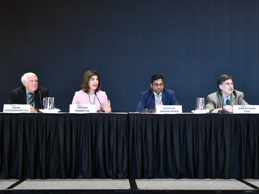 From left: Professor Mark Juergensmeyer, Ms Farah Pandith, Dr Shashi Jayakumar and Professor Jonathan Fox at the Forum on Religion, Extremism and Identity Politics.