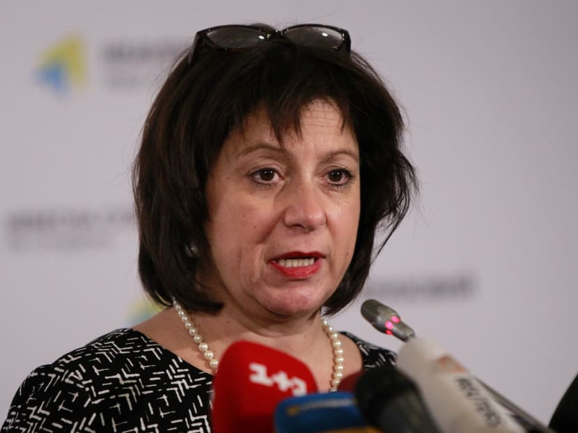 Ukraine’s recently appointed Finance Minister Natalie Jaresko, a US national who adopted Ukrainian citizenship to take up her post, speaks at a news conference in Kiev, Ukraine, in this Feb 16, 2015, file photo. Photo: AP