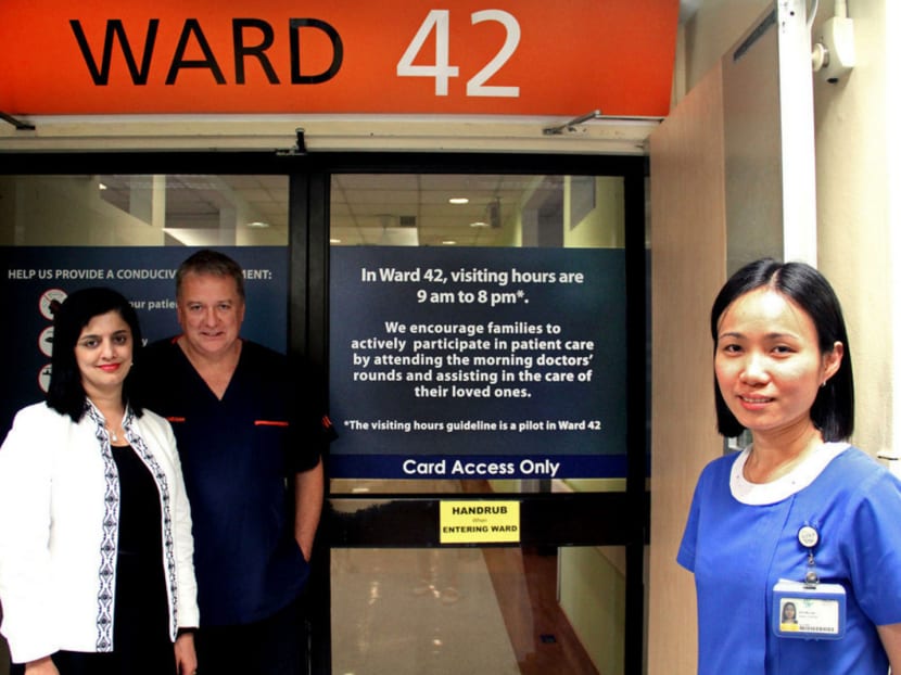 (From left) NUH’s head of general medicine Reshma Merchant, lead clinician of the hospital’s innovation centre Dale Fisher and Ms Koh Mei Jiao, geriatric nurse clinician and nursing champion of NUH’s Ward 42. Photo: Geneieve Teo