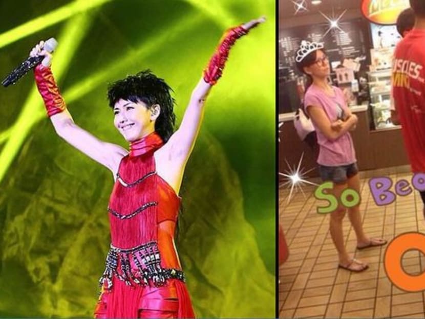 Stefanie Sun at her recent concert in Singapore (left) and in a humorous photo she posted on Twitter (right) on Aug 7. Photo: Twitter/ CNA