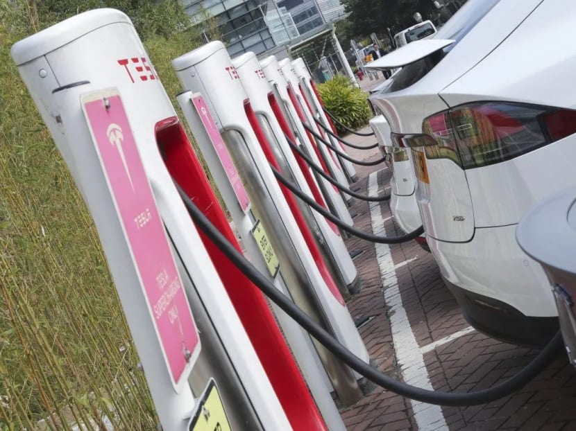 Tesla Supercharging station at Science Park, Tai Po. Hong Kong’s plans to ban the sale of all fossil fuel cars over the next 20 years. Tesla Supercharging station at Science Park, Tai Po. Hong Kong’s plans to ban the sale of all fossil fuel cars over the next 20 years.