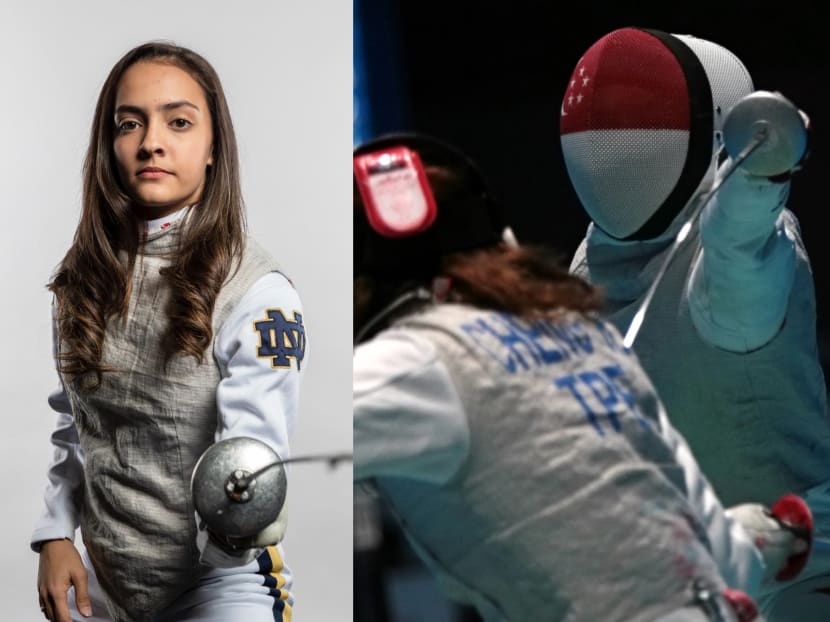 National fencer Amita Berthier (left), in action at the 2018 Asian Games (right), is elated that she has topped the world junior rankings in the women’s foil.
