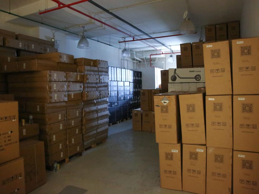 About 500 units of PMDs seen in one of the eight storage units of Mobot, on Nov 7, 2019. The company brought in about 3,000 units in preparation for Singles’ Day and Christmas sales.