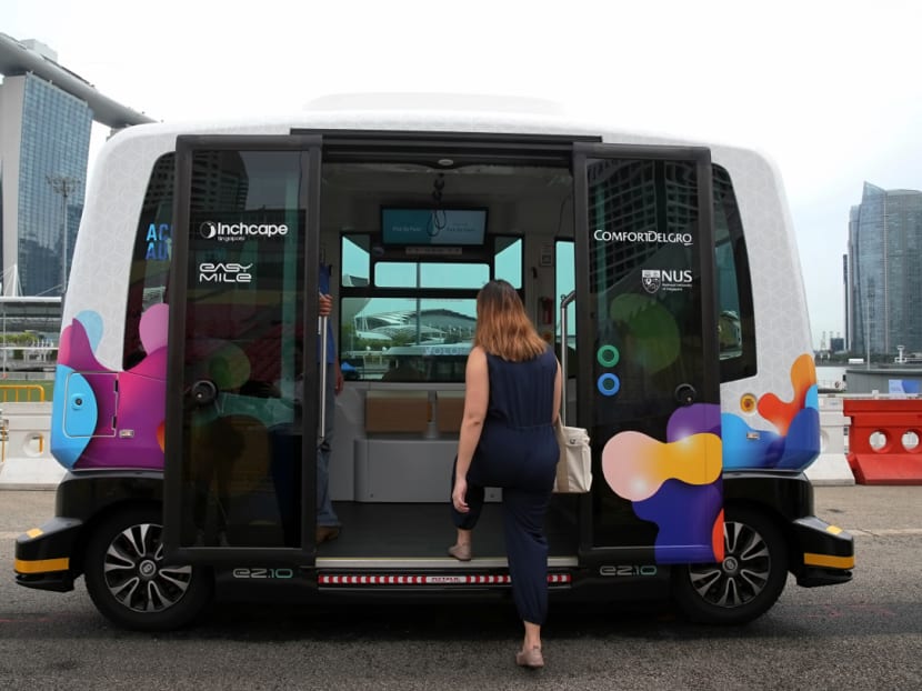 A driverless bus by ComfortDelGro and its partners — Inchcape Singapore and EasyMile — being shown at the 26th Intelligent Transport Systems World Congress on Oct 22, 2019.