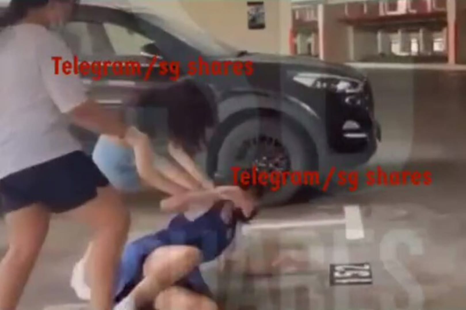 A screengrab of the video clip showing two girls hitting and kicking a girl in a blue school uniform.