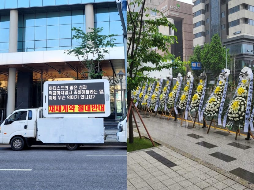 방탄소년단(BTS) 팬들이 하이브 사무실에 트럭과 장례식 화환을 보내 그룹 관리 부실에 대한 실망감을 표했다.