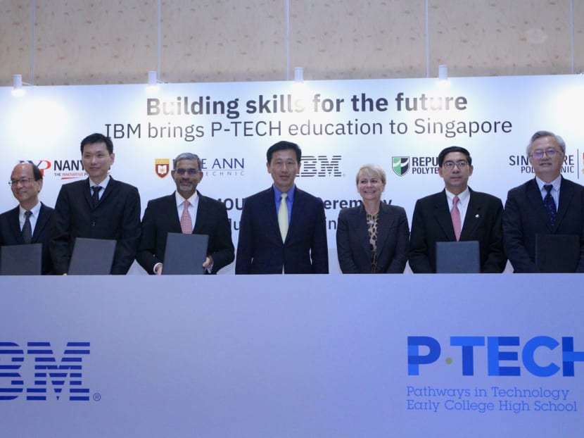 IBM signed an MOU with ITE and 5 polytechnics on Monday (July 9), witnessed by Education Minister Ong Ye Kung, to roll out the P-TECH programme that aims to prepare students with necessary skills required in the ICT and STEM (Science, Technology, Engineering and Mathematics) sectors.