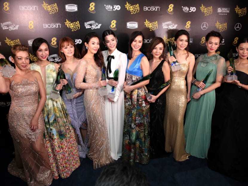 The Top 10 Most Popular Female Artistes were crowned at the Star Awards 2017 on Sunday night: (from left to right) Kym Ng, Ya Hui, Jayley Woo, Jesseca Liu, Carrie Wong, Paige Chua, Tong Bingyu, Sora Ma, Felicia Chin and Rebecca Lim. Photo: Jason Quah