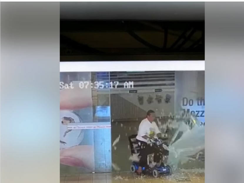 A video posted to Facebook by bus operator SBS Transit on Saturday (June 1) showed a woman on a mobility scooter riding into a sliding door and smashing it into pieces.