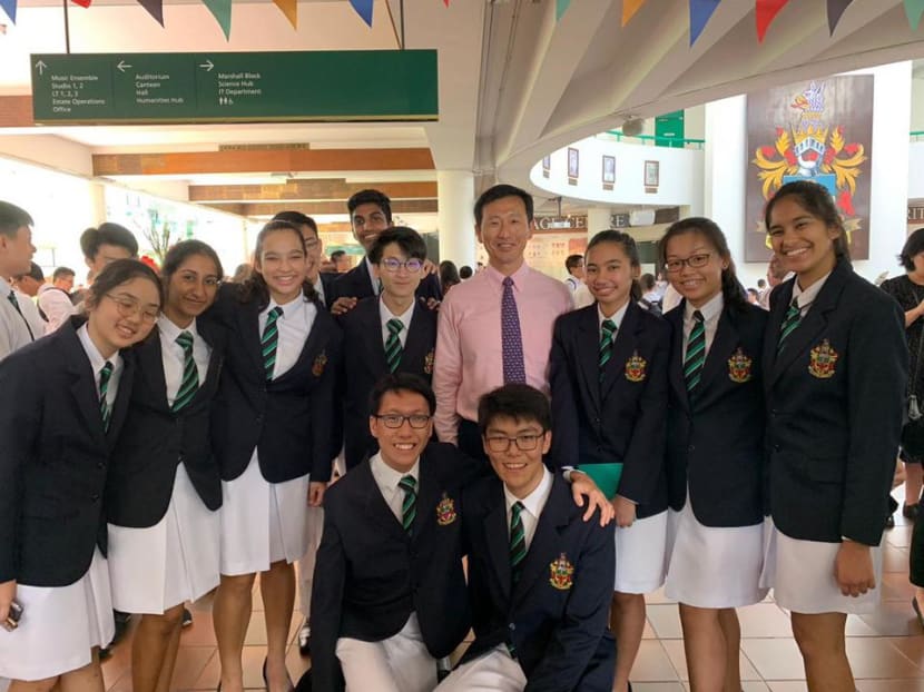 Mr Ong with RI students at the school's Founder’s Day on July 27.