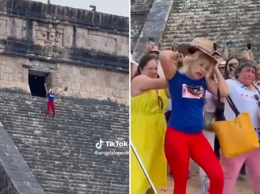 People mobbed a woman (right), hurled insults, doused her with water and threw plastic water bottles at her after she climbed up the Mayan Temple of Kukulcan (left) in Mexico.