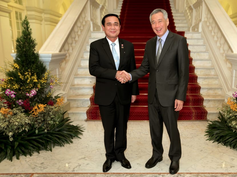 Thai Prime Minister Prayuth Chan-ocha was hosted to tea by Prime Minister Lee Hsien Loong at the Istana on Friday. Both leaders affirmed the longstanding multi-faceted ties between their countries. Photo: MCI