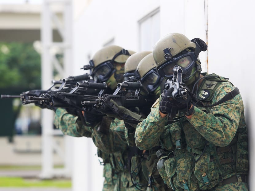 Commandos in training for specialised operations seen during the Media invite of the Best Combat Unit Award – 1st Commando Battalion, taken at Pasir Ris Camp on 24 June 2016. TODAY file photo