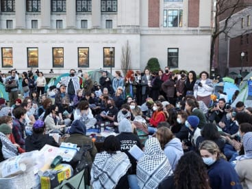 A collective of groups organised by Jewish students at Columbia and Barnard in solidarity with Gaza and the protest encampment host Passover Seder at Columbia University, during the ongoing conflict between Israel and the Palestinian Islamist group Hamas, in New York City, US, April 22, 2024.