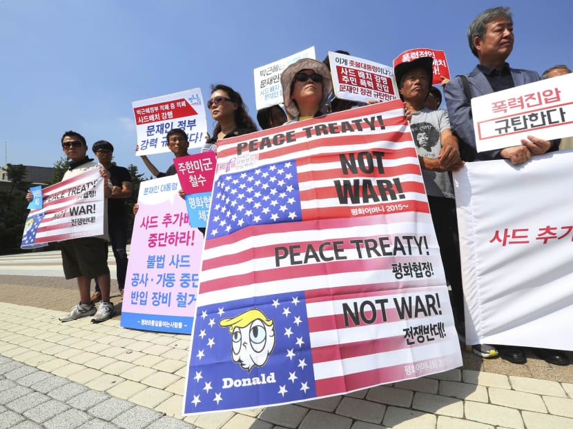 South Korean protesters stage a rally against the deployment of an advanced American missile defence system called Terminal High-Altitude Area Defence, or Thaad, near the presidential Blue House in Seoul, South Korea, Friday, Sept 8, 2017. Source: AP