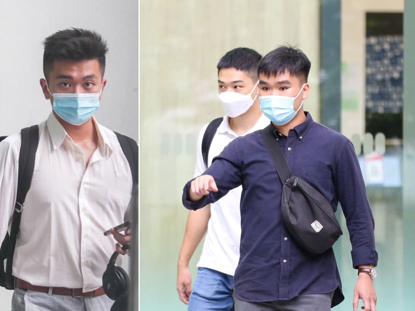 Glaxy Low Xuan Ming (left), Declan Goh Yiren (centre) and Kevan Loh Wei Kang (right) at the State Courts on March 1, 2022. 
