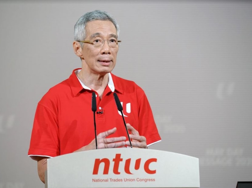 Prime Minister Lee Hsien Loong speaking in his May Day message, which was televised for the first time. The usual annual May Day Rally organised by the National Trades Union Congress (NTUC) is not being held owing to the circuit breaker measures. Prime Minister Lee Hsien Loong speaking in his May Day message, which was televised for the first time. The usual annual May Day Rally organised by the National Trades Union Congress (NTUC) is not being held owing to the circuit breaker measures.