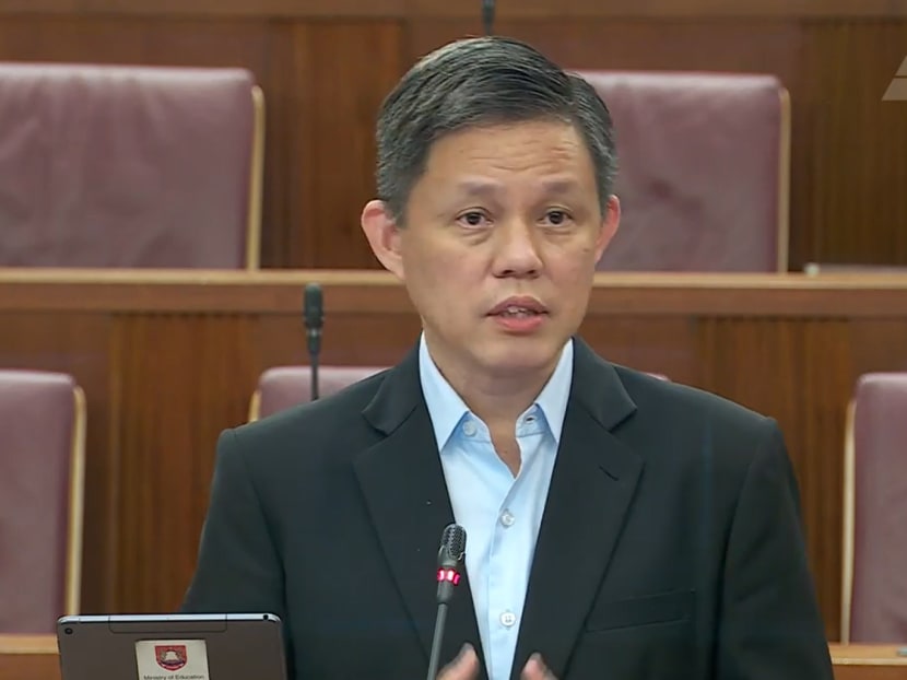 Education Minister Chan Chun Sing speaking in Parliament on April 18, 2023.
